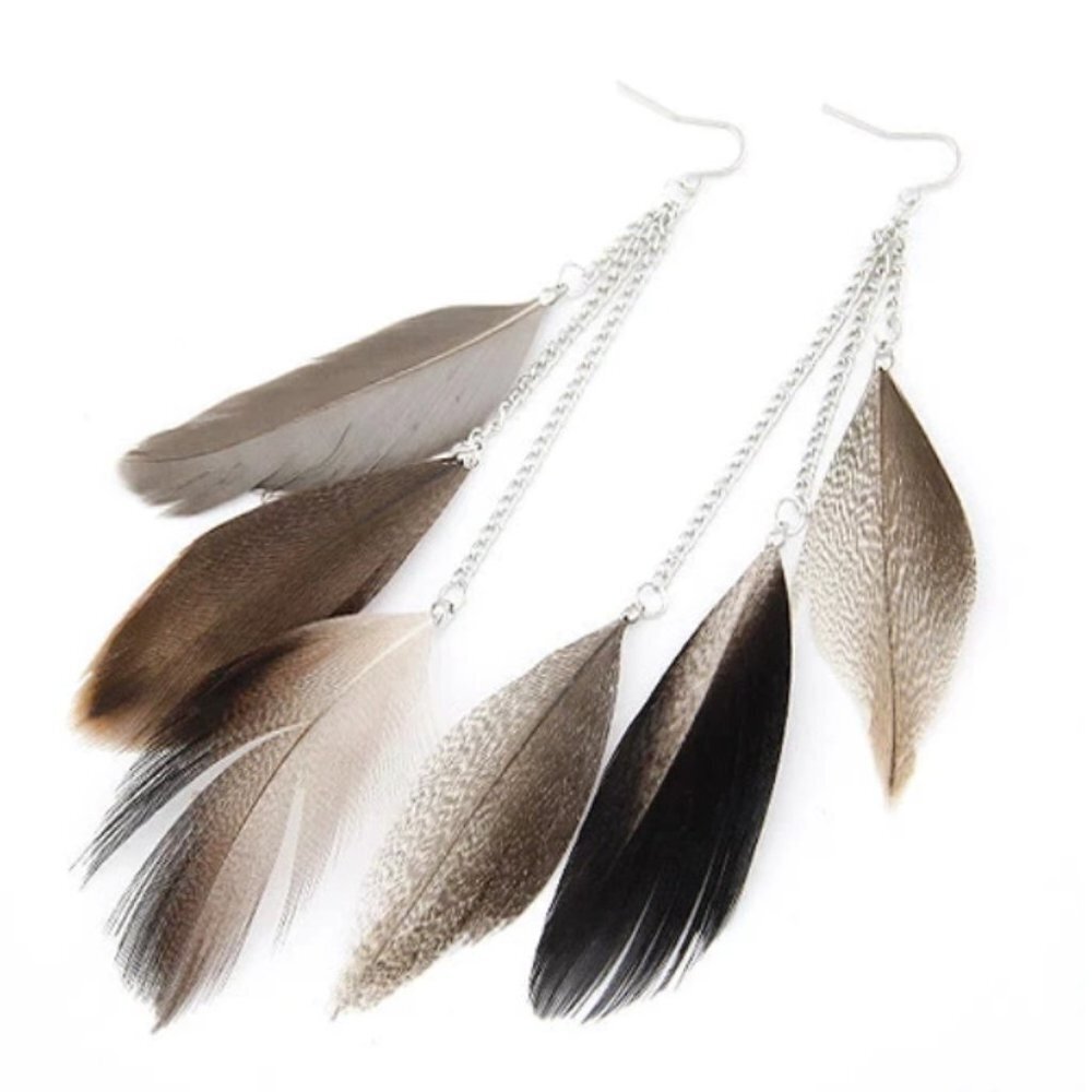 Jewelry earrings feather long statement drop dangle brown silver tone fashion